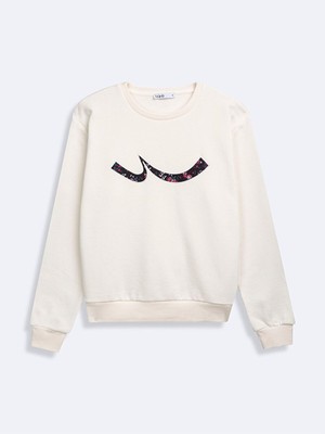 Sıgn Baskılı Sıfır Yaka Uzun Kollu Bej Sweatshırt