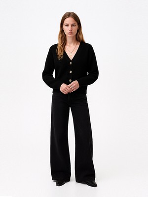 Uzun Kollu Önü Düğmeli Basıc Triko Siyah Hırka