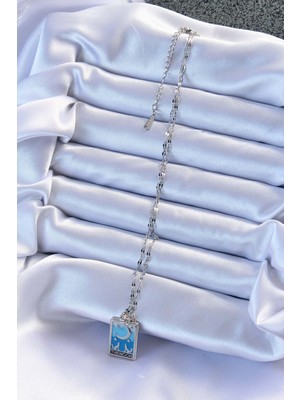 316L Çelik Zincir Gümüş Renk Mavi Mineli Ay Figür Tarot Kolye - Lisinya