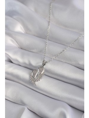 316L Çelik Gümüş Renk Zirkon Taşlı Kanat Model Kadın Kolye - Lisinya