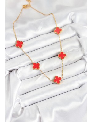 316L Çelik Zincir Gold Kırmızı Renk Yonca Kadın Kolye - Lisinya