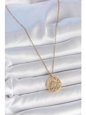 316L Çelik Gold Renk Zincr Mavi Taşlı Lotus Model Kadın Kolye - Lisinya