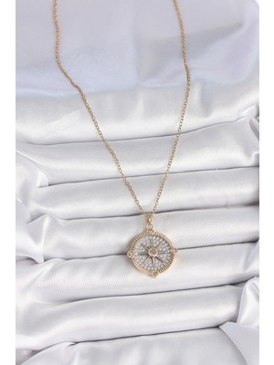 316L Çelik Gold Renk Zirkon Taşlı Pusula Model Kadın Kolye - Lisinya