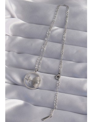 316L Çelik Zincir Gümüş Renk Zirkon Taşlı Yıldız Figürlü Oval Kolye - Lisinya