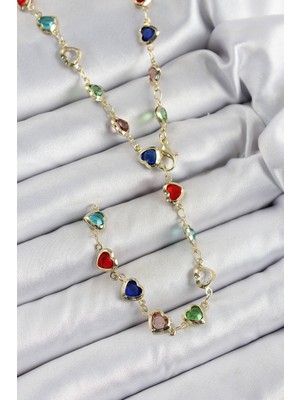 Pirinç Gold Renk Karışık Renk Zirkon Taşlı Kalpli Y Kadın Kolye - Lisinya