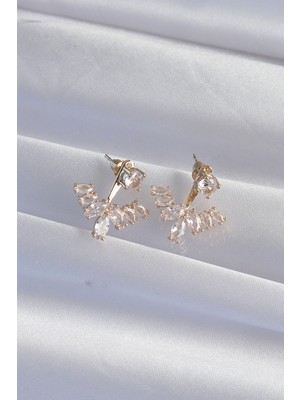 Pirinç Gold Renk Zirkon Taşlı V Model Küpe - Lisinya