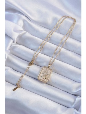 316L Çelik Zincir Altın Renk Zirkon Taşlı Aslan Figürlü Tarot Kolye - Lisinya