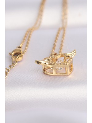 316L Çelik Zincir Altın Renk Zirkon Taşlı Kanatlı Kalp Kolye - Lisinya