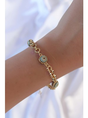 Pirinç Zincir Vip Seri Altın Renk Zirkon Taşlı Nazarlı Bileklik - Lisinya