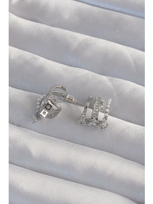 Pirinç Gümüş Renk Incili Çoklu Zirkon Taşlı Yarım Halka Küpe - Lisinya