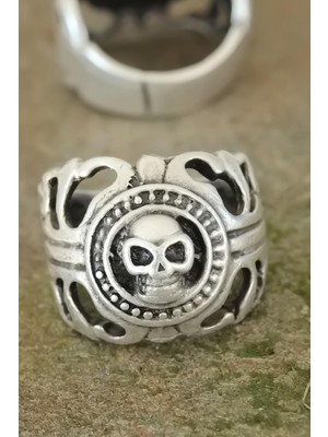 Eskitme Gümüş Renk Metal Kuru Kafa Tasarım Ayarlamalı Erkek Yüzük - Lisinya