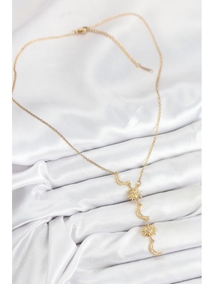 316L Çelik Zirkon Taşlı Güneş ve Ay Model Gold Renk Kadın Kolye - Lisinya