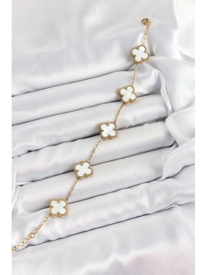 316L Çelik Beyaz Sedef Yonca Model Gold Renk Kadın Bileklik - Lisinya