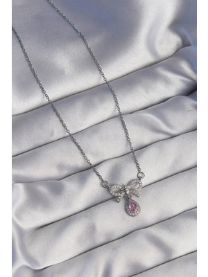 316L Çelik Gümüş Renk Fiyonk Detay Pembe Zirkon Taşlı Damla Kolye - Lisinya
