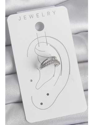 Pirinç Gümüş Renk Zirkon Taşlı 3'lü Sıralı Kadın Kıkırdak Küpe - Lisinya