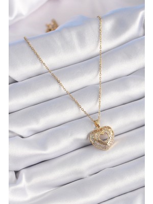 316L Çelik Gold Renk Zirkon Taşlı Kalp Model Vintage Kadın Kolye - Lisinya