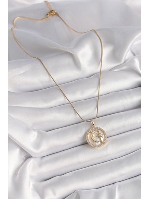316L Çelik Gold Renk Zincir Zirkon Taş Detaylı Beyaz Sedefli Ay Yıldız Model Kadın Kolye - Lisinya