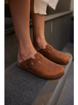 Oslo Hakiki Deri Mantar Taban Ortopedik Unisex Terlik