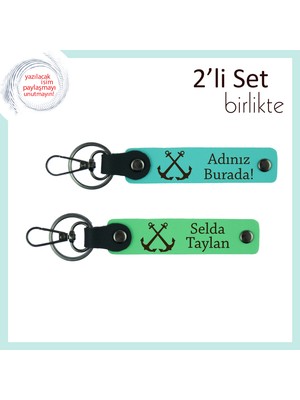 Gemici Ruhlu Eşe Sürpriz Hediye, Çapa Desenli Deri Anahtarlık Takımı, Turkuaz-Fıstık Yeşil