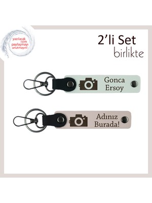 Fotoğraf Temalı Deri Anahtarlık Hediyesi, Anıları Seven Sevgiliye Özel Takım, Beyaz-Pudra