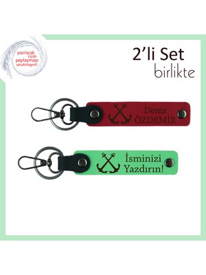 Balıkçı Kayığı Deseniyle Şık Hediyelik, Kişiye Özel 2’li Anahtarlık Takımı, Kırmızı-Fıstık Yeşil