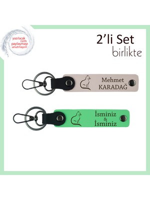Mırlayan Kalplere Tarz Hediye, Kedili Desen, Kişisel Deri Anahtarlık, Pudra-Fıstık Yeşil