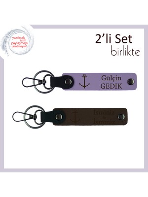 Kaptanlık Yolu Açık Olsun Hediyesi, Çıpa Motifli Deri Anahtarlık Takımı, Mor Menekşe-Koyu Kahve