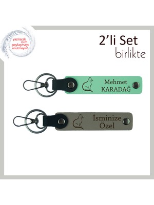 Tüy Gibi Hafif Bir Hediye, Kedi Figürlü, Kişisel Yazılı ve Isimli Anahtarlık Seti, Açık Yeşil-K Gri