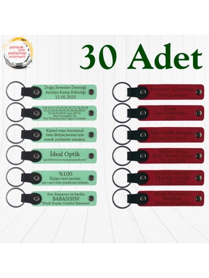 Yeşil & Kırmızı, Tatil Arkadaşlarına Hediye, 30’lu Set, Kişiye Özgü Yazılı Deri Anahtarlık