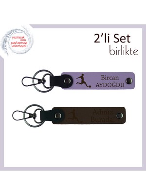 Futbol Temalı Gençlere Uygun Deri Anahtarlık, Yazı Eklenebilir Hediye Seti, Mor Menekşe-Koyu Kahve