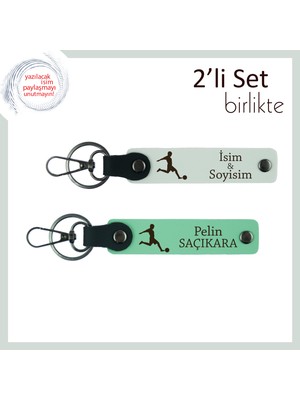 Futbol Temalı Hediye Seti, Erkek Sevgiliye Uygun Kişisel Deri Anahtarlık Tasarım, Beyaz-Açık Yeşil