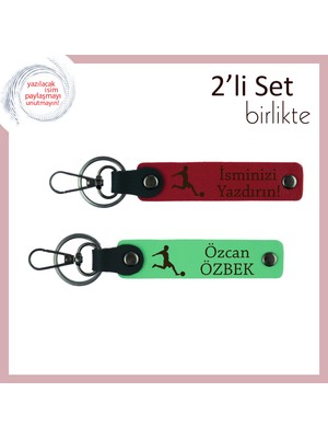 Futbol Figürlü Deri Takım, Erkek Sevgiliye Tarz Sahibi Hediyelik Anahtarlık, Kırmızı-Fıstık Yeşil