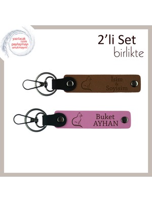 Kedili Çiftlere Özel Hediye, 2’li Anahtarlık, Isme Yazılabilir Tatlı Tasarım, Açık Kahve-Pembe