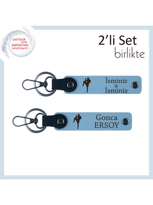 Boks Figürlü Güç Temalı Deri Anahtarlık, Erkek Sevgiliye Kalıcı Isim Yazılı Hediye, Gök Mavi-Mavi