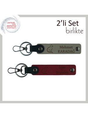 Tüy Yumaklarına Sevgiyi Anlatan, Kedi Desenli, Kişisel Anahtarlık Takımı, Kül Gri-Bordo