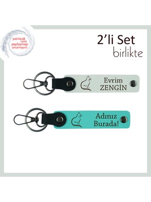 Pati Pati Aşkınıza, Kedi Figürlü, Kişiselleştirilebilir Yazılı 2’li Anahtarlık Hediye, Beyaz-Turkuaz