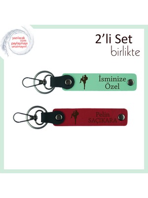 Dövüş Sporuna Gönül Veren Kızlara, Kişisel Yazı Eklenebilir Şık Anahtarlık Set, Açık Yeşil-Kırmızı