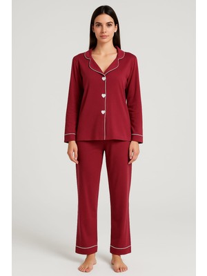 Kalp Nakışlı Pamuklu Uzun Kollu Kadın Pijama Takımı