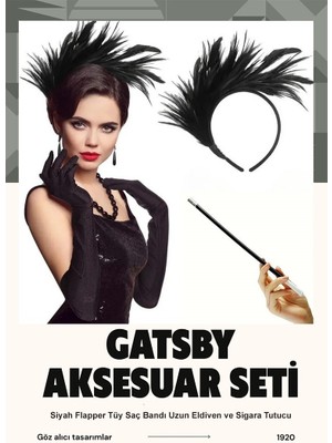 1920'LER Üçlü Gatsby Aksesuar Seti- Siyah Flapper Tüy Saç Bandı, Uzun Eldiven, Sigaralık