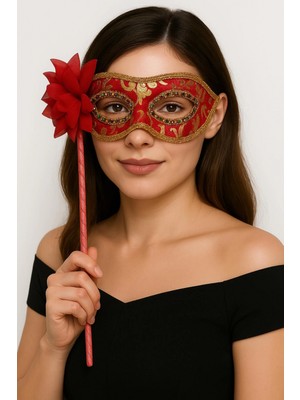 Narnuga Lüks Taşlı Saplı Maskeli Balo Maskesi Kırmızı Renk 35 cm (4887)