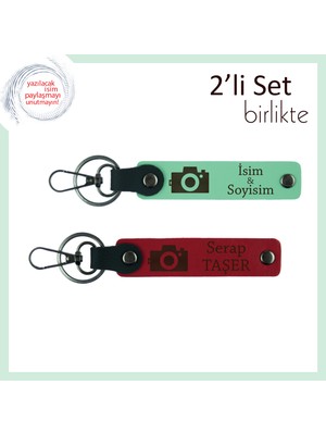 Kişisel Yazı Eklenebilir Fotoğraf Temalı Deri Hediye, Erkek Sevgiliye Uygun Set, Açık Yeşil-Kırmızı