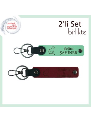 Tırmalamayan Ama Etkileyen Hediye, Kedili, Isme Yazılabilir 2’li Anahtarlık, Açık Yeşil-Bordo