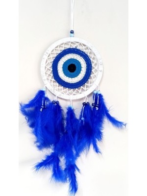 Saks Mavisi Kuş Tüylü Dream Catcher Nazar Boncuğu Motifli Düş Kapanı Duvar Süsü