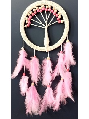 Pembe Kuş Tüylü Hayat Ağacı Düş Kapanı Dream Catcher Duvar Süsü