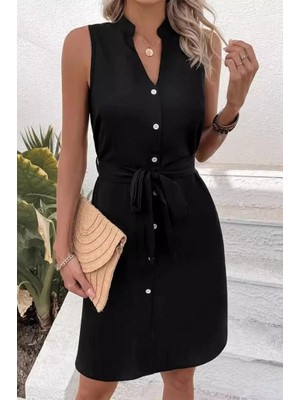 Kadın Sıfır Kollu Hakim Yaka Önden Düğmeli Belden Kuşaklı Ithal Keten Elbise