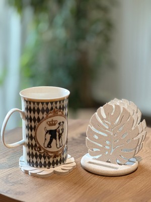 Marsel Dizayn Monstera Modern Dekoratif Bardak Altlığı 4'lü Set ve Standı - Mermer Beyaz