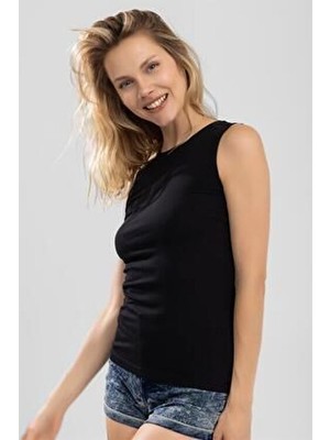 Baykar Kadın Siyah Pamuklu Kolsuz Body Tişört Bisiklet Yaka Örme Kumaş ile Hafif ve Rahat