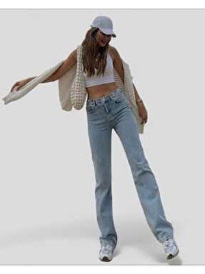 Ramrod Smile 90's Yırtmaçlı Kadın Mavi Likralı Süper Yüksek Bel Salaş Jean Pantolon Pamuk - Elastan