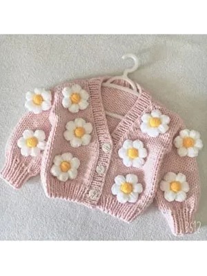 İzmir Blanket Pembe Renkli Bebek El Örgüsü Papatyalı Crop Hırka Uzun Kol Düz Örme Kumaş