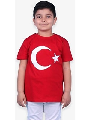 Alkano Çocuklar İçin Kırmızı Ay Yıldızlı TShirt Kısa Kol Günlük Kullanım %100 Pamuk
